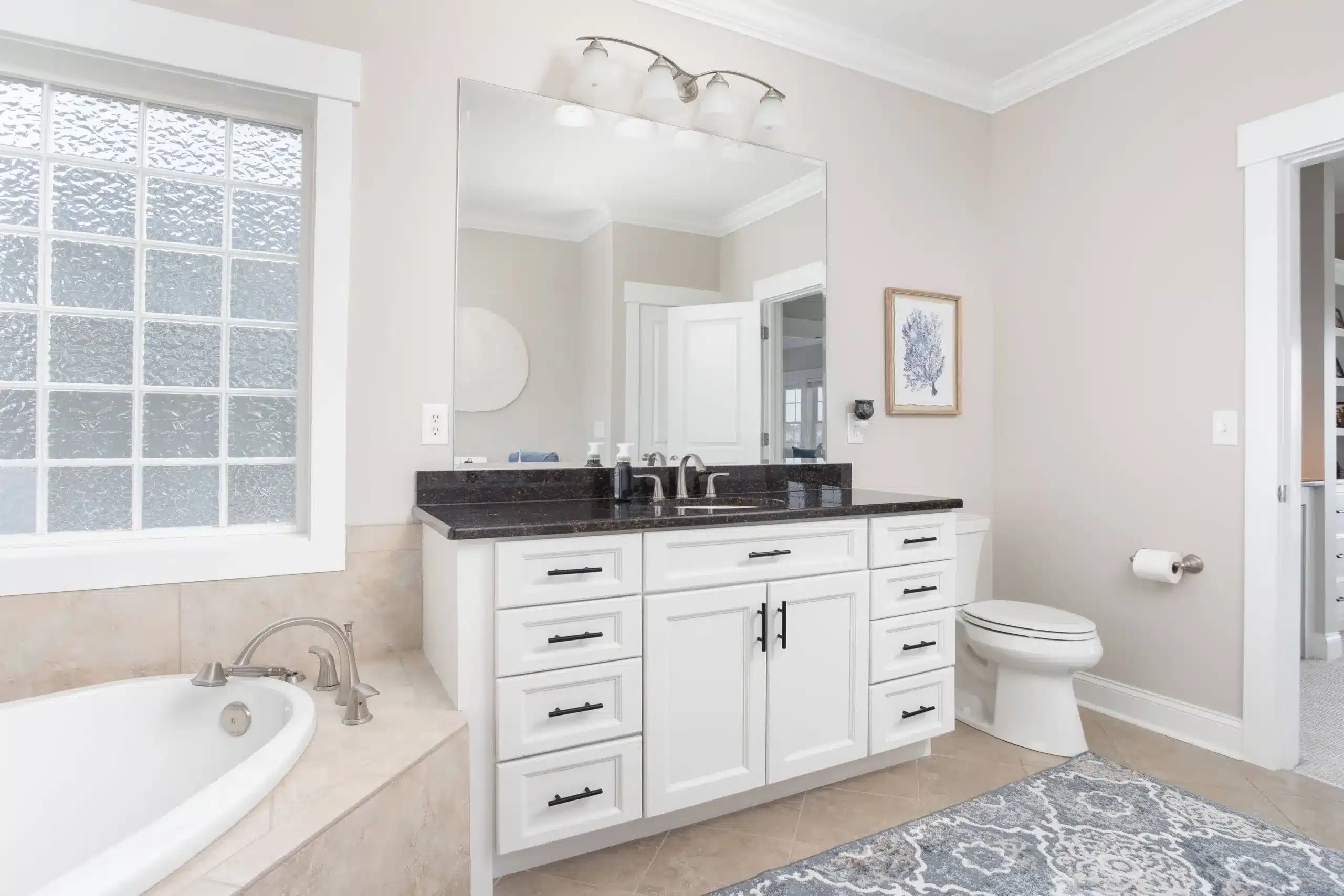 Cabinets painting, white bathroom cabinets with black metal handles
