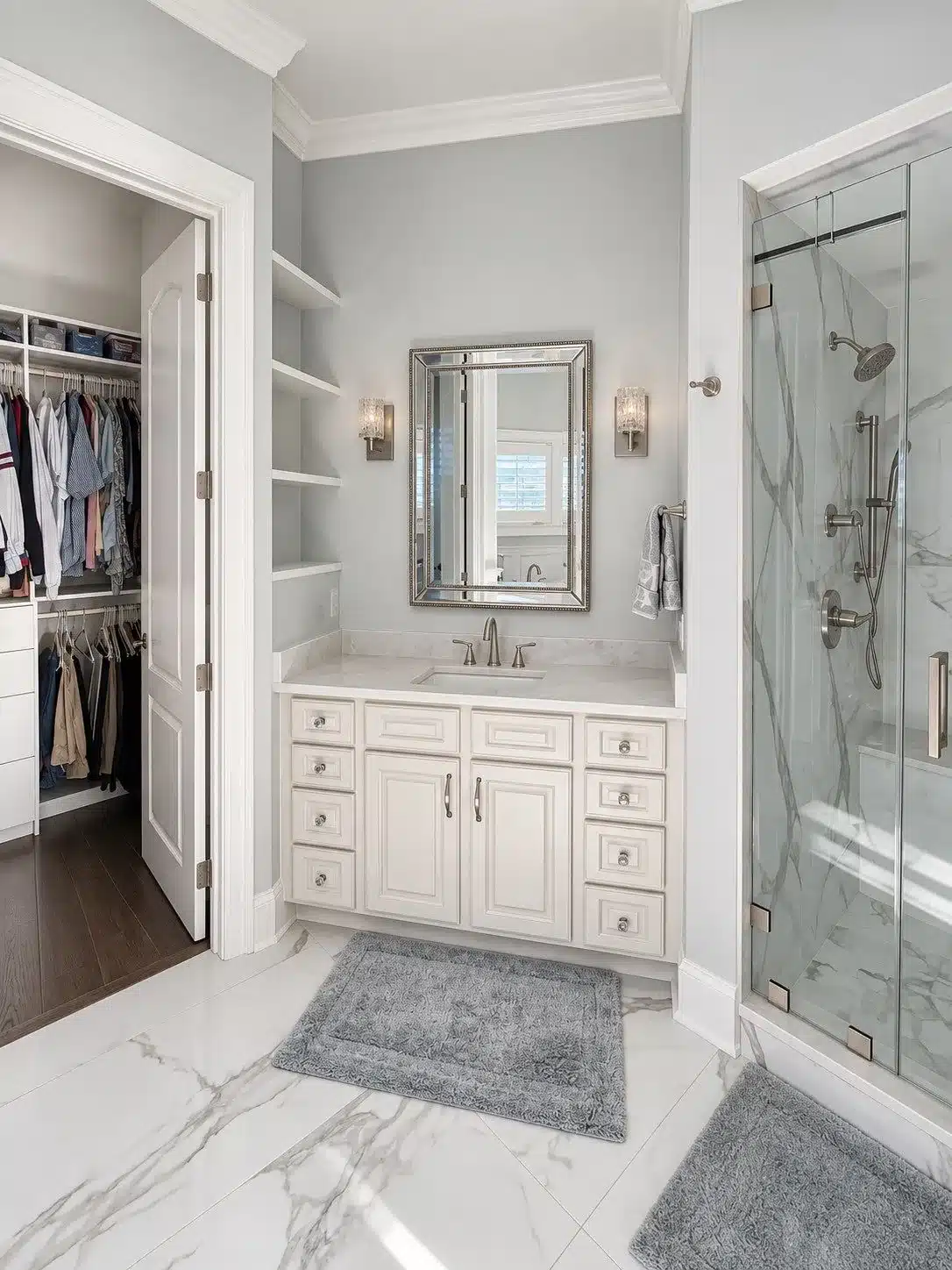 Light Gray Bathroom Walls White Trim Light gray-painted bathroom walls with white ceiling, trim, cream vanity cabinetry, marble countertop, and glass shower